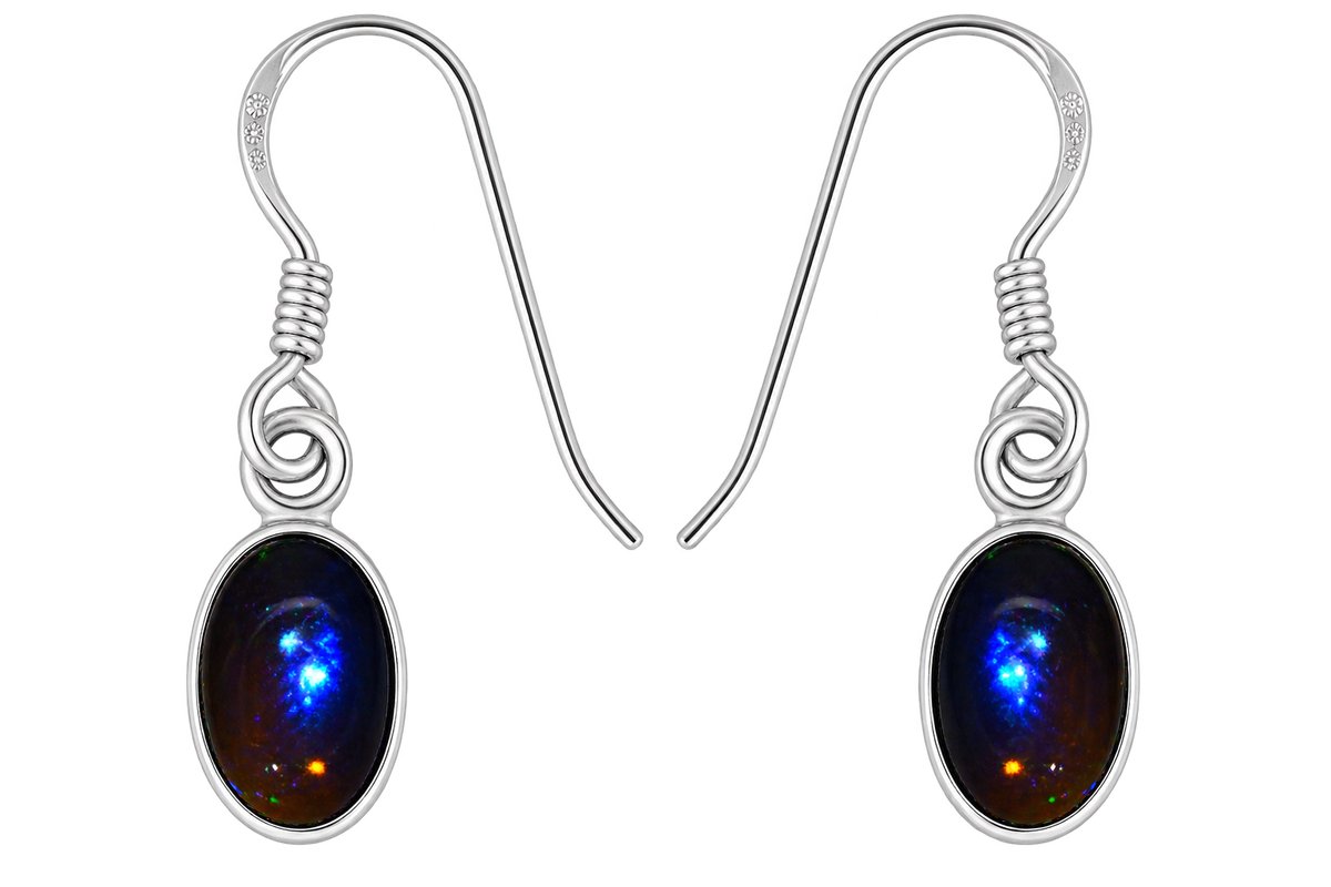 Oorbellen met zwarte Ethiopische opaal – ovaal, zwart, 925 sterling zilver
