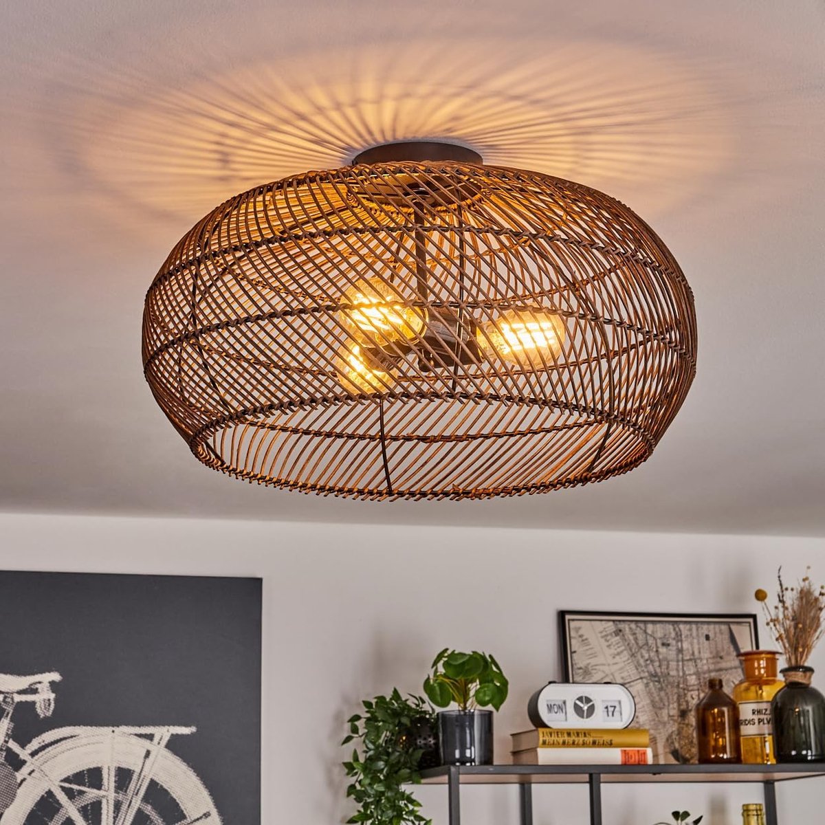 Plafondlamp Brandala, moderne plafondlamp van metaal/rotan in zwart/donkerbruin, plafondlamp in boho-design met geweldig lichteffect aan het plafond, Ø 50 cm, 3 lampen, 3 x E27, zonder gloeilampen