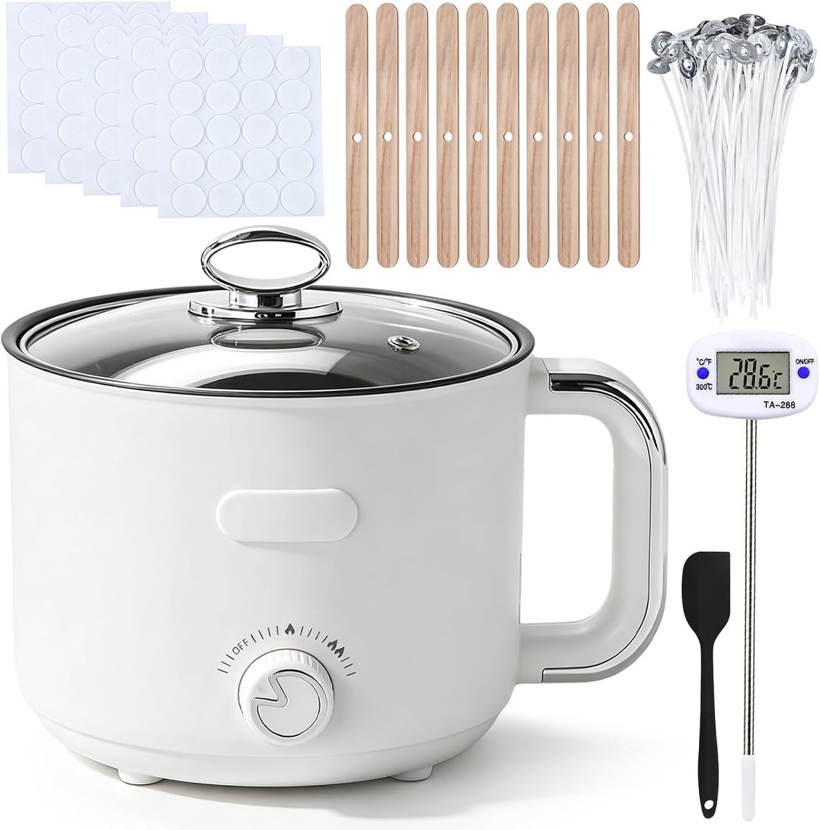1.8L Elektrische wax smeltmelter: Minimale witte wax smeltpot, wax smelter met thermometer lont, lont stickers, centreerapparaat, roerlepel inbegrepen voor het maken van kaarsen