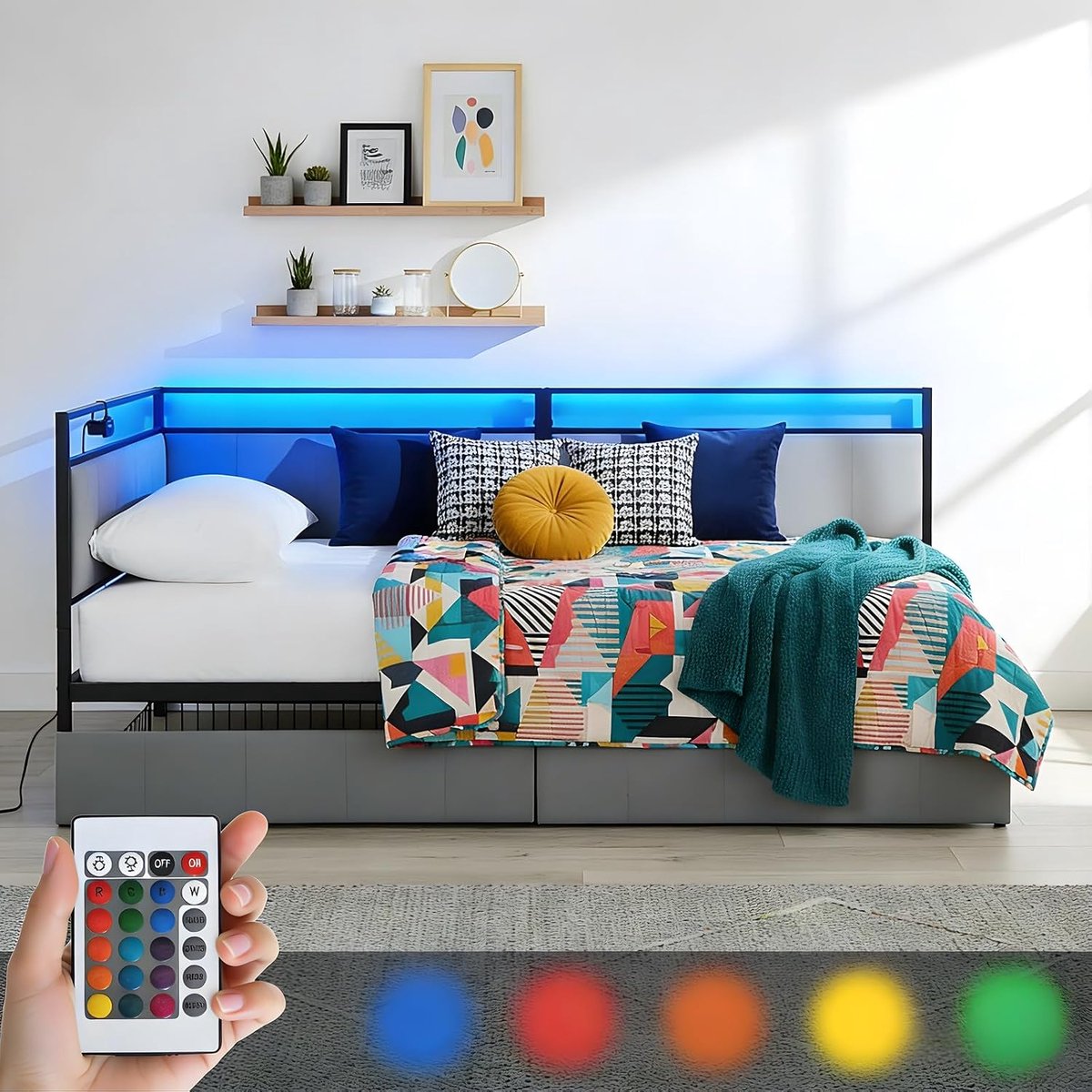 90 x 200 cm met RGB led, 2 laden, gevoerd hoofdeinde (stof), USB, metalen lattenbodem, eenpersoonsbed, voor volwassenen, kinderen, jongeren, slaapbank, woonkamer, logeerkamer, grijs