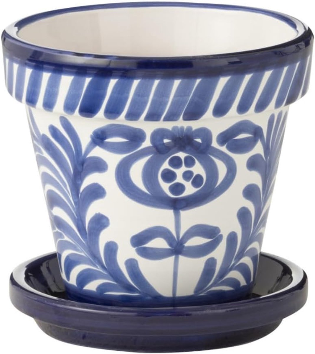 Bloempot + Plaat Granada Handgemaakt+Geschilderd Keramiek Kobalto Blauw KLEIN