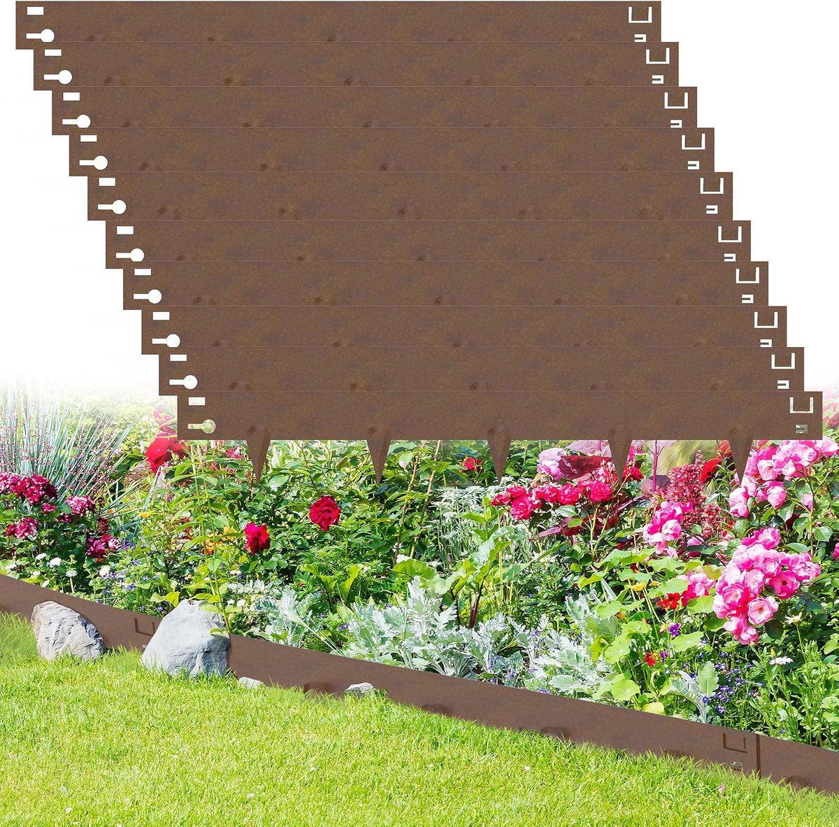 10 m verzinkte gazonrand, metaal, roestbestendige perkrand, flexibele bloembedomranding, maairand, onkruidblokkering, tuinpalissade voor gazonbegrenzing, binnenplaats, paden, 16 cm hoog