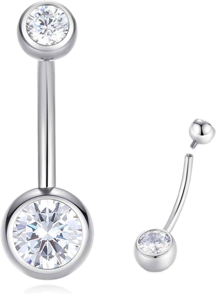 Titanium navelpiercing rond met zirkonia en binnendraad 14 mm, 12 mm, 10 mm, 8 mm, 14 g