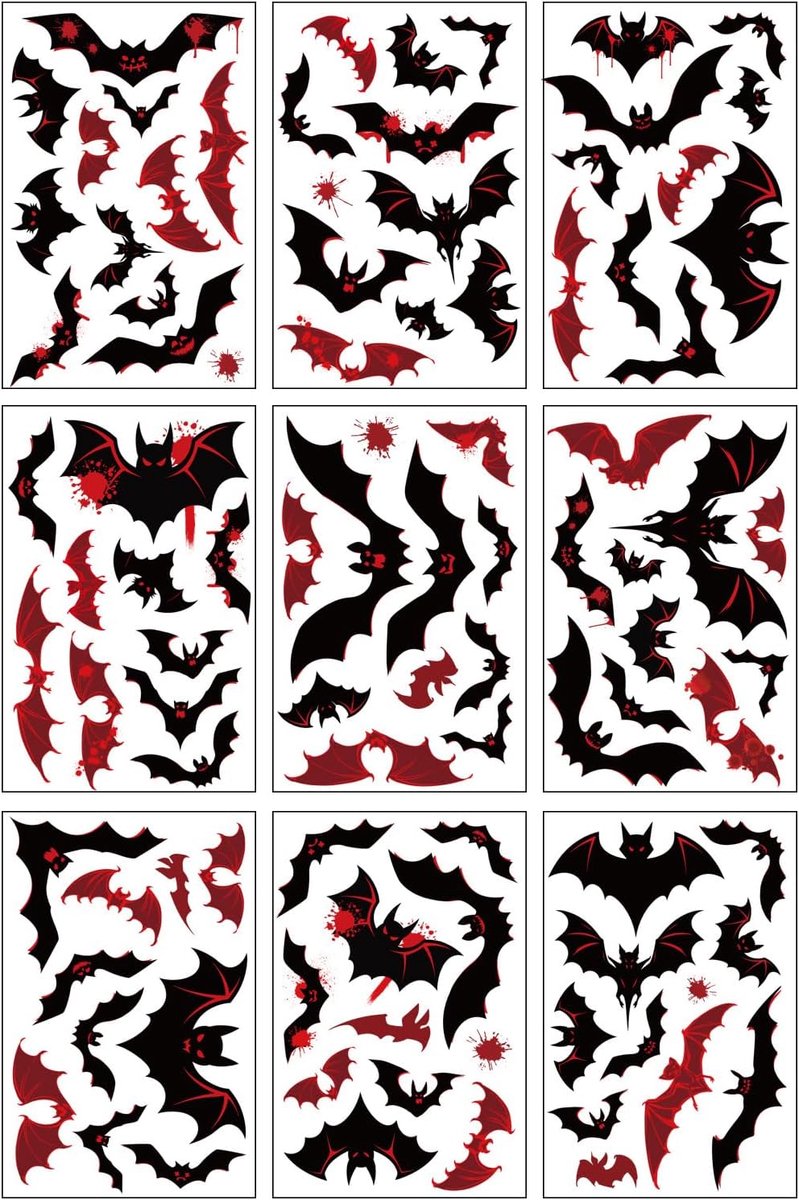 9 Vellen Halloween Venster Klampt Dubbelzijdige Zwart Rood Vleermuis Raamstickers Eng Verwijderbare Decals voor Party Decor