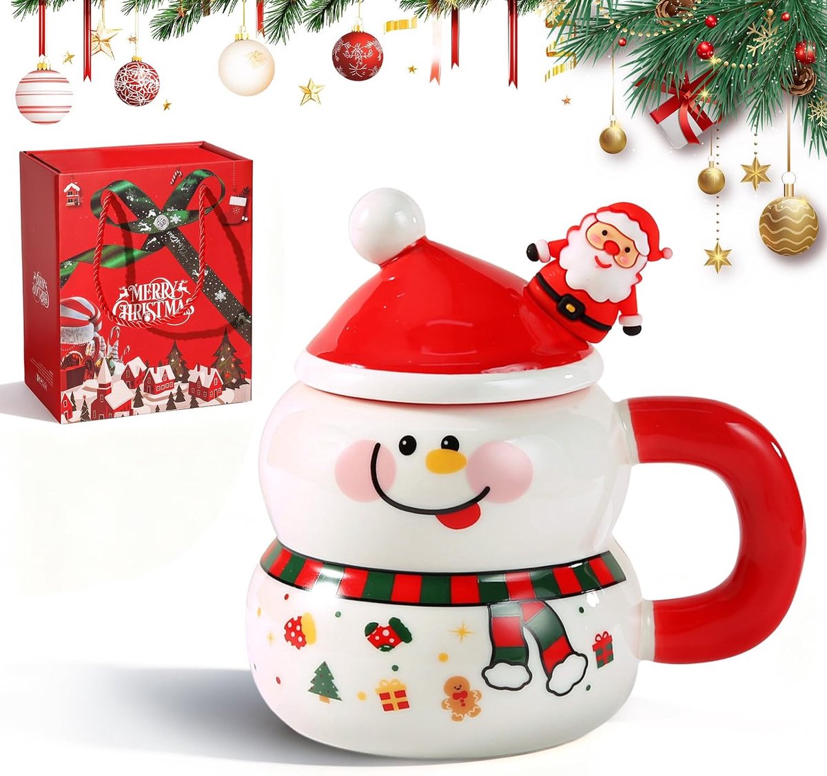 Kerstkoffiemok, keramische ontbijtmok met deksel en lepel, 450 ml, schattige kerstbeker en kerstmotief, kerstcadeau met geschenkdoos (XR)