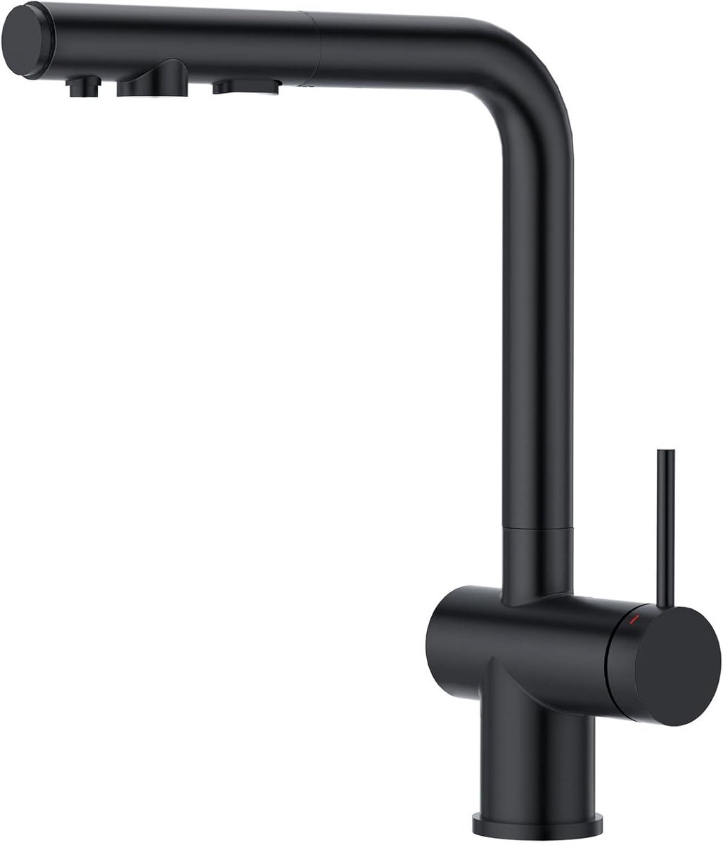 3-weg keukenkraan met sproeier uittrekbaar, eengreepsmengkraan, wastafelarmatuur, drinkwaterkraan, keuken voor osmose-installatie, omgekeerde osmose en waterfilter, zwart