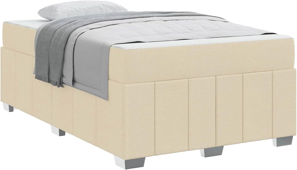 Stof, 120x200 cm, met matras, crème, bedframe met pocketveringmatras, modern stoffen bed met lattenbodem en poten
