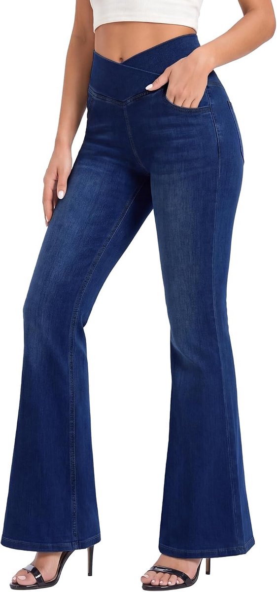 Jeans, Elastische Vrouwen Jeans V-vormige taille High Waist Wijde Pijpen Stretch Denim Comfortabele Pasvorm Rechte Snit
