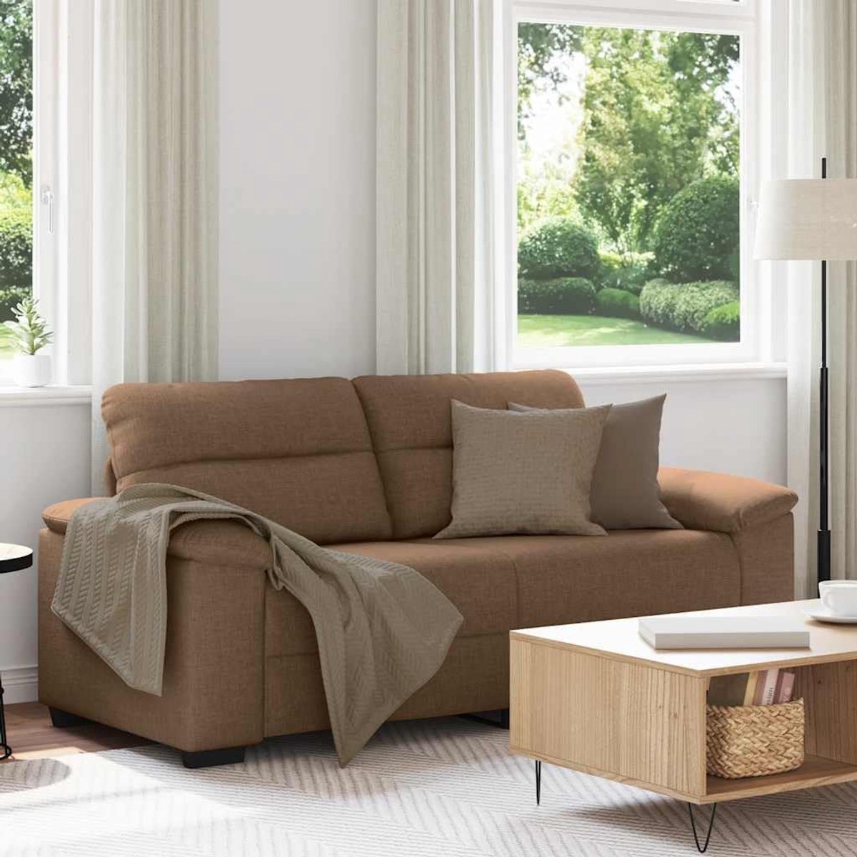 2-zitsbank, bruin, 180 x 81 x 84 cm, stoffen gestoffeerde bank met brede armleuningen en robuust houten metalen frame, voor woonkamer en kantoor