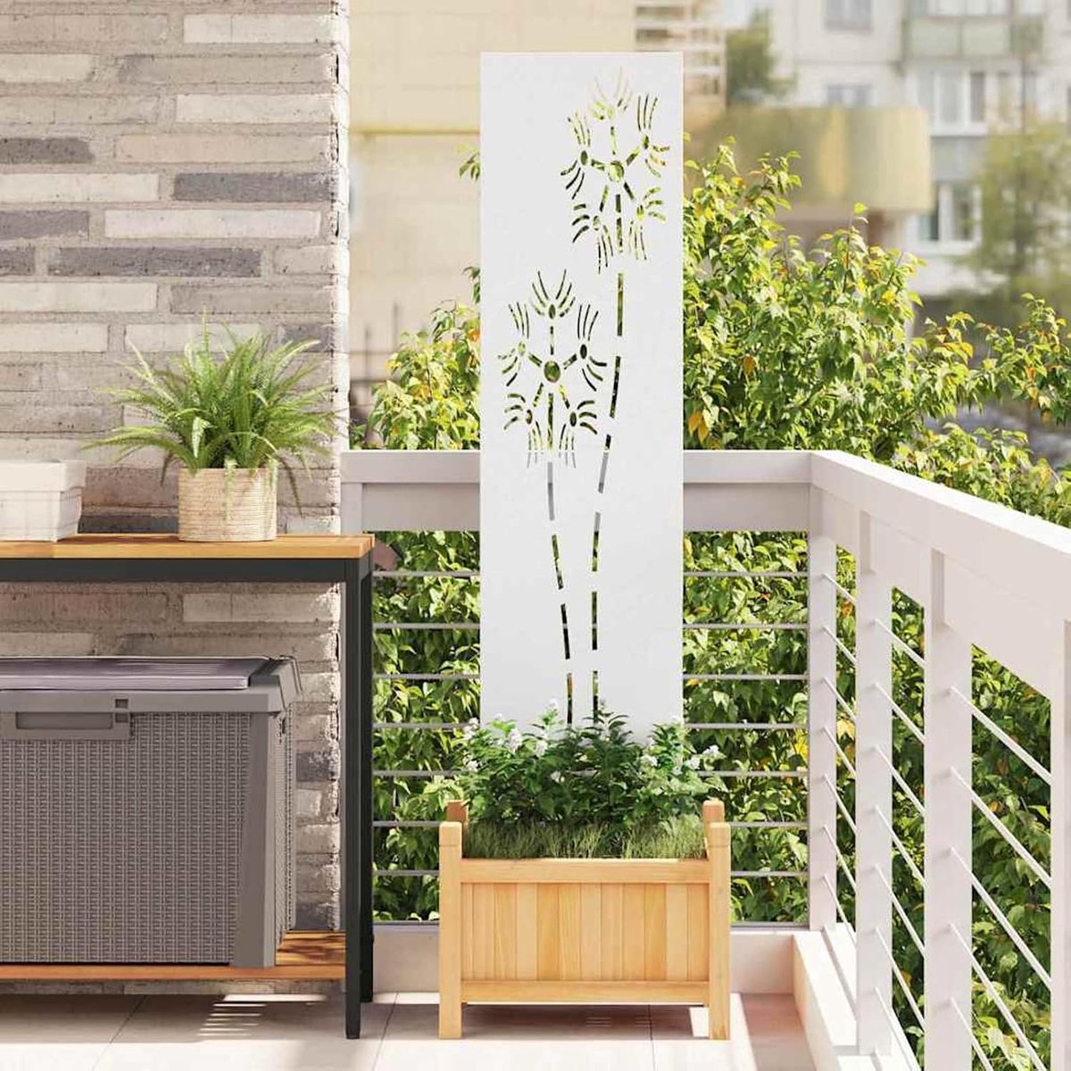 Decoratief paneel, koudgewalst staal, inkijkbescherming, weerbestendige metalen panelen voor tuin, terras, zwembadrand, wit, 32 x 140 cm
