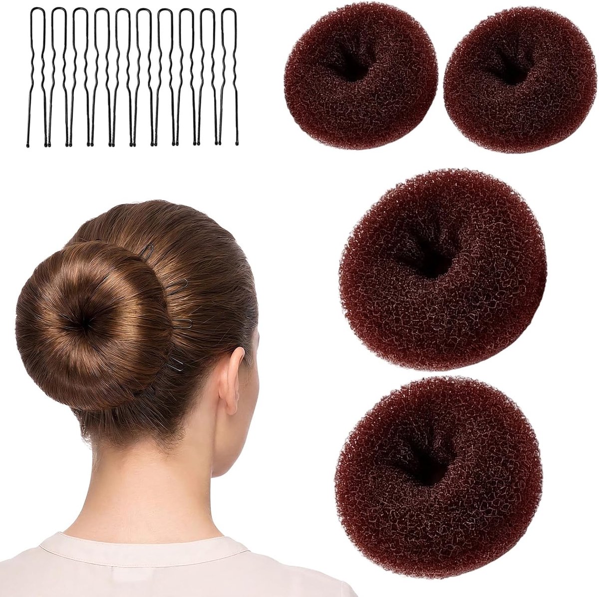 4 stuks knotjesmaker donut maker knotmaker haarknot pad met 10 U-vormige clips chignon haarstyling accessoires bruin