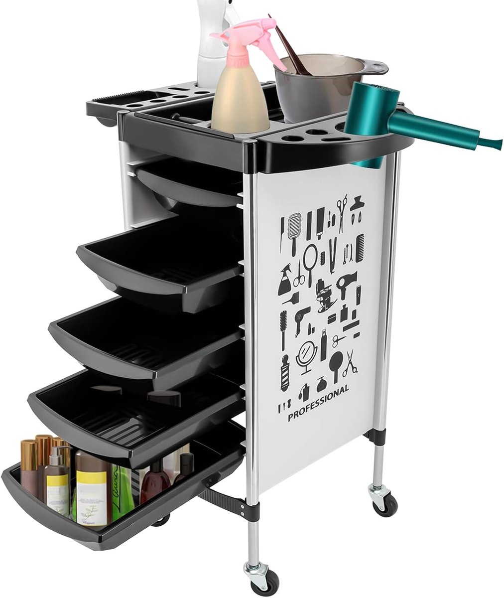 Kapperwagen met 5 laden, 100 kg belasting, kapperkar, werkwagen, cosmeticawagen, multifunctionele salonwagen met universele wielen voor kapsalons, kappersgereedschap (wit)