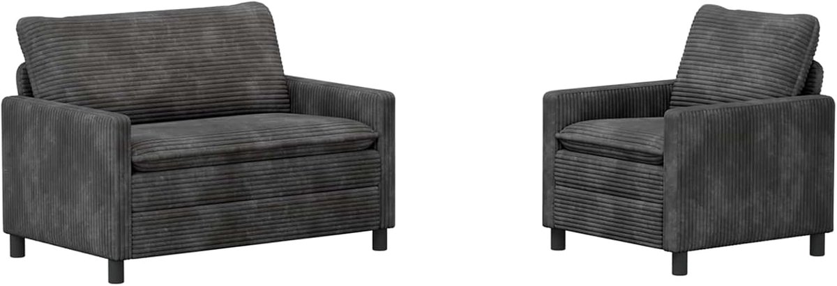 Bankset 2 stuks donkergrijs polyester, gestoffeerde bank voor woonkamer, appartement, kantoor, logeerkamer, 3417053