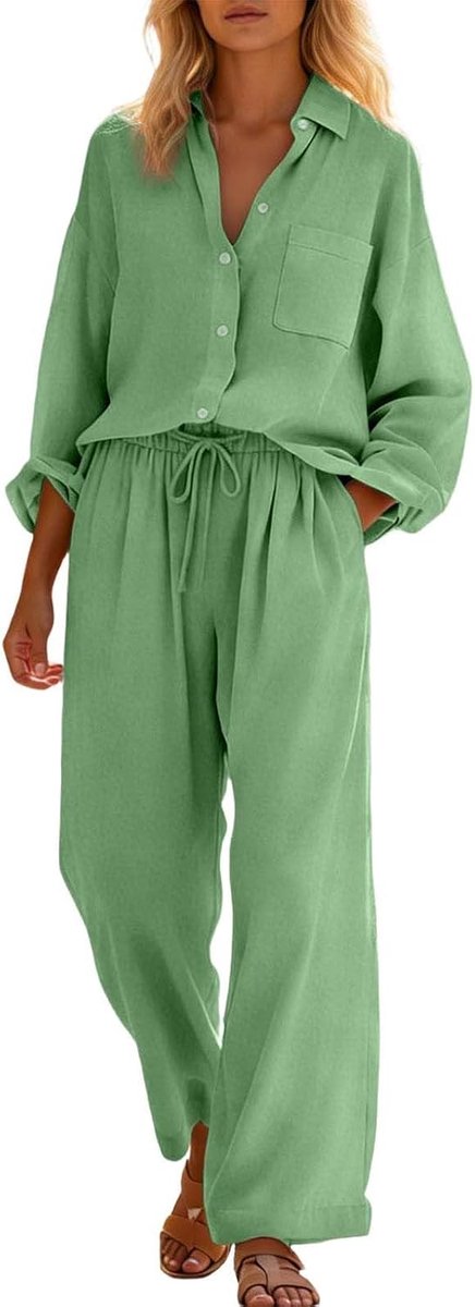 2-delige set voor dames, chique casual kleding met V-hals en rechte broek, modieus, elegant, ademend, voor dagelijks gebruik, kantoor, A79
