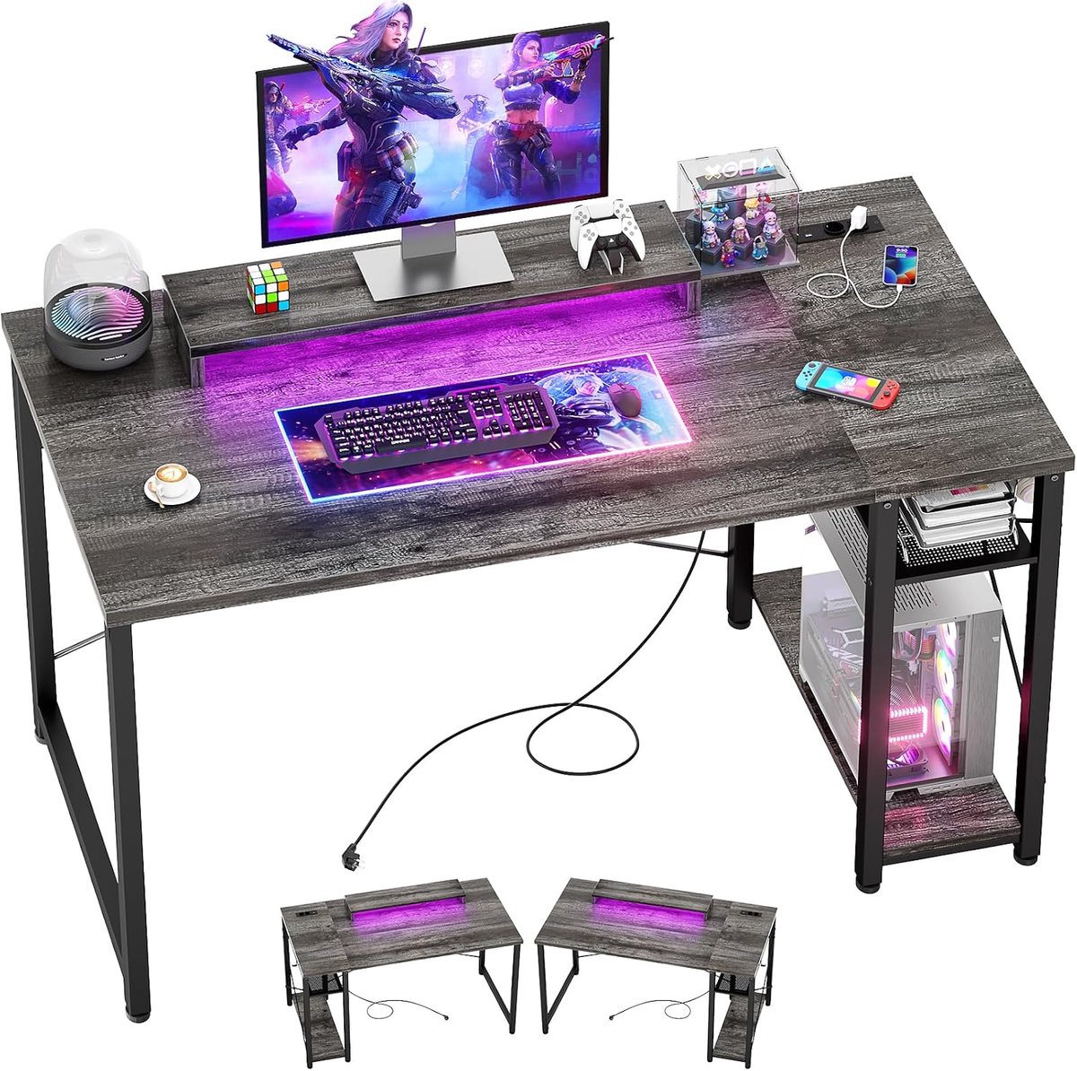 ISunirm Gamingbureau met LED-verlichting en stopcontact, omkeerbaar computerbureau met beweegbare monitorstandaard, 100 x 75 x 50 cm bureau met USB-oplaadstation voor thuis, slaapkamer, studeerkamer