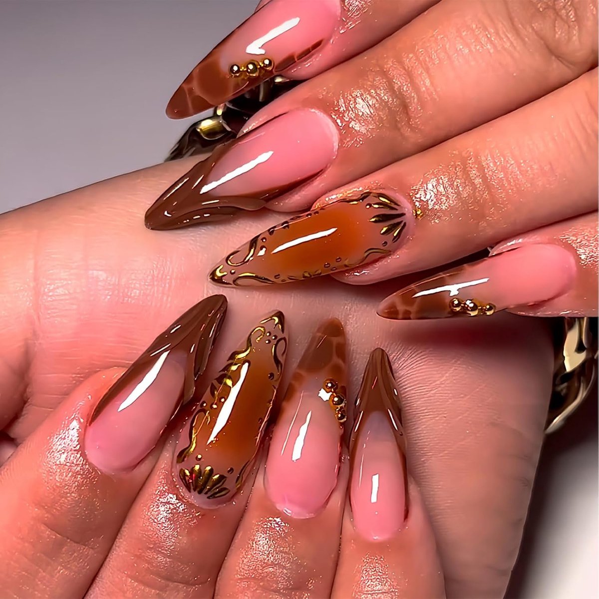 on Nails Medium Almond 24 Stuks, 3D Bloem en Kristal-Design, Kunstnagels, Jelly Gel Draagbare Kit - Herfst/Winter, Nagels Om Te Plakken