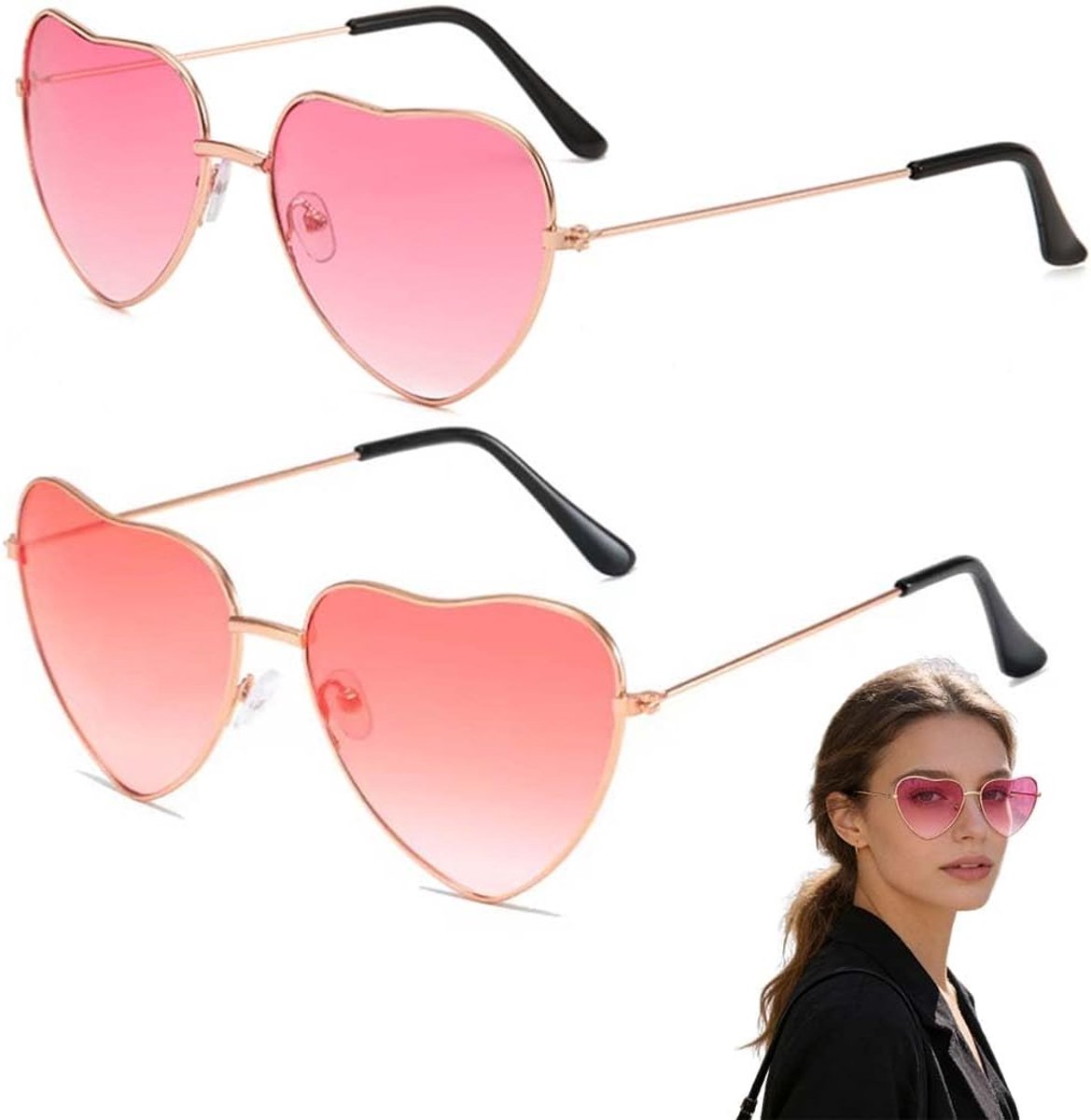 2 stuks hartvormige zonnebril, retro metalen frame met verloop, verstelbaar, voor dames en heren, jaren 60, 70, 80, party, carnaval en festival accessoires