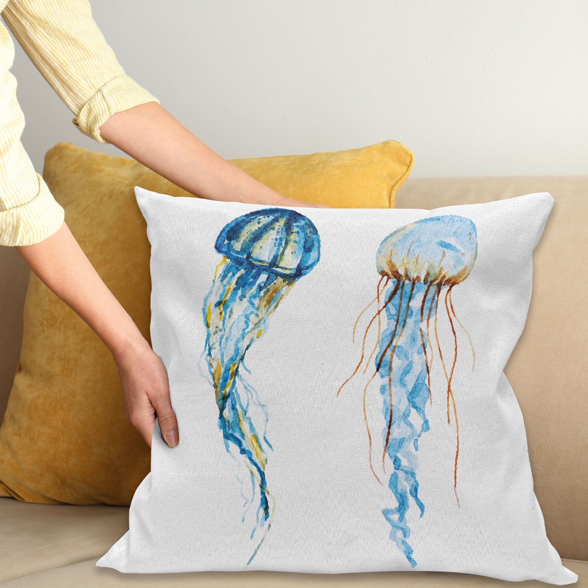 ABAKUHAUS Nautisch Kussenhoes, Quallen Exotische Zee, Decoratieve Kussenhoes met Dubbelzijdige Print, Ritssluiting, Wasbaar, 50 x 50 cm, Blauw