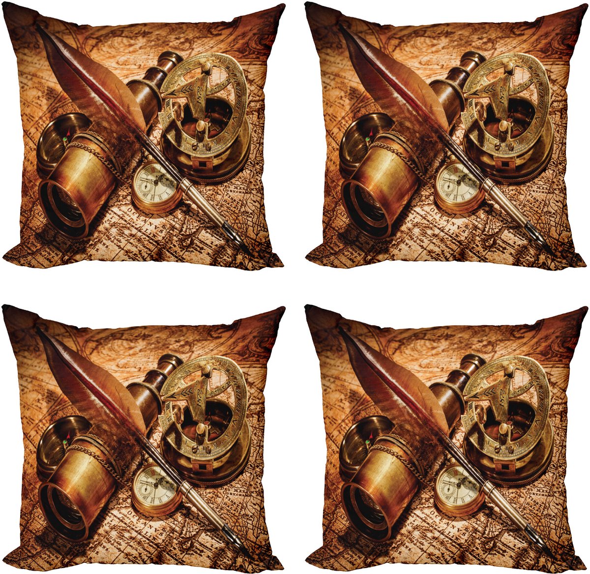 ABAKUHAUS Bruin Sierkussen Kussenhoes 4er Set, Compass Goose Quill Pen, Modern Accent Dubbelzijdige Digitale Print, 45 x 45 cm, Oranje Bruin