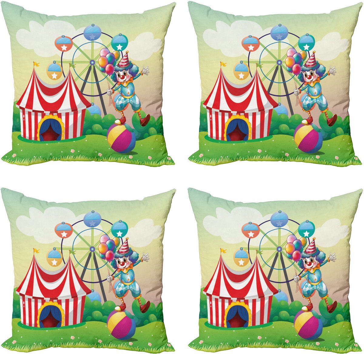 ABAKUHAUS Kleurrijk Sierkussen Kussenhoes 4er Set, Clown aufblasbare Kugel, Modern Accent Dubbelzijdige Digitale Print, 60 x 60 cm, Meerkleurig