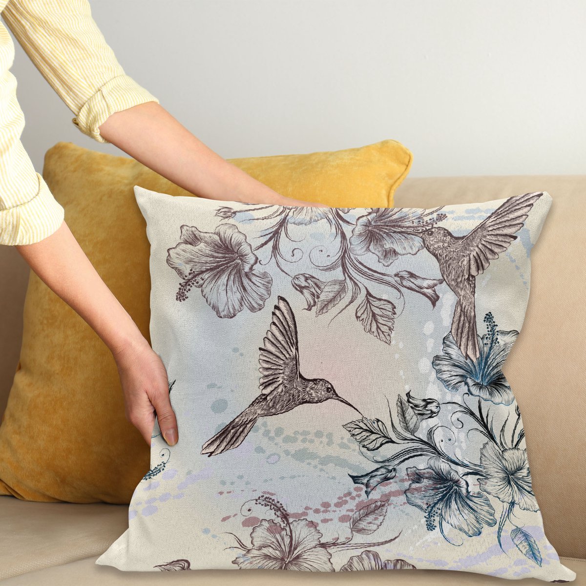 ABAKUHAUS Kolibri Kussenhoes, Vogels Hibiscus Bloemen, Kussenhoezen met Dubbelzijdige Print Kleurecht Wasbaar en Ritssluiting, 45 x 45 cm, Teal