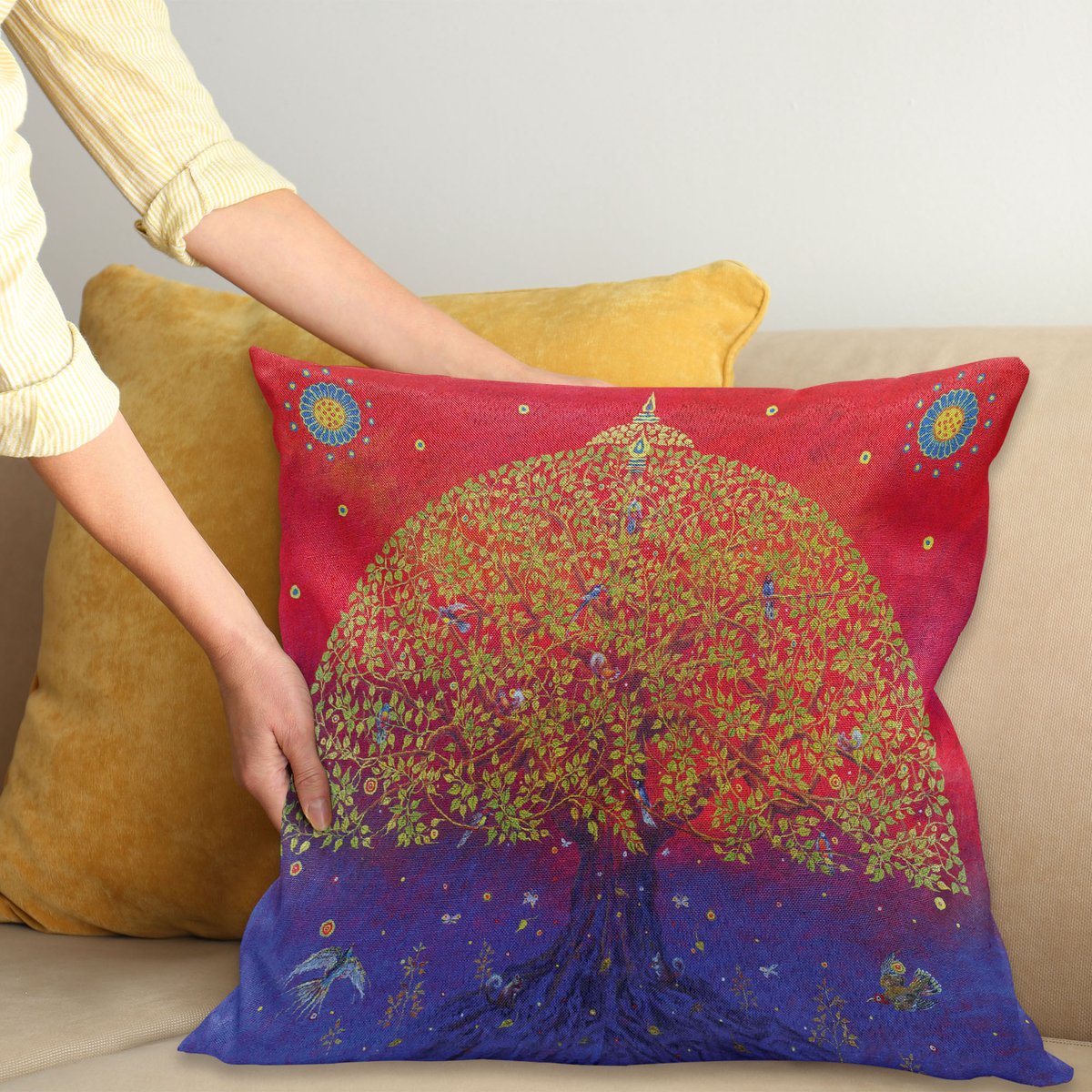 ABAKUHAUS Etnisch Kussenhoes, Oosters Kunstwerk, Decoratieve Kussenhoes met Dubbelzijdige Print, Ritssluiting, Wasbaar, 45 x 45 cm, Scarlet en Blauw