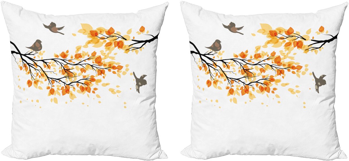 ABAKUHAUS Bos Sierkussenhoes Set van 2, Fliegende Vogels en Bladeren, Modern Accent Dubbelzijdige Digitale Print, 40x40, Geel Crème