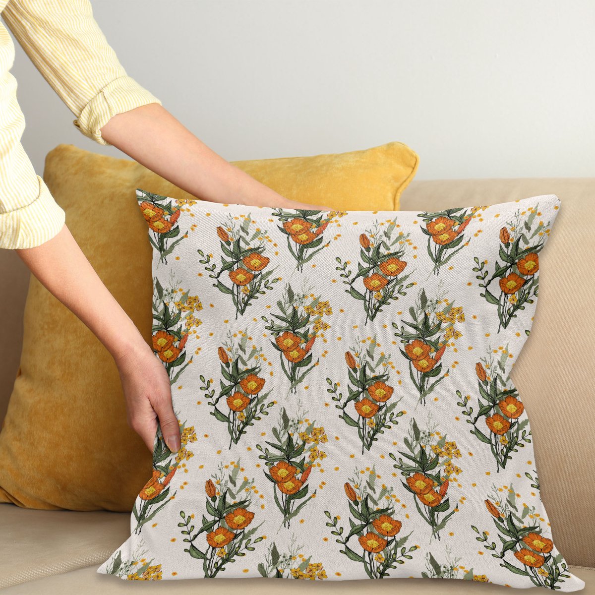 ABAKUHAUS Hawaii Kussenhoes, Vintage California Poppy, Water- en Vuilafstotend, Wasbaar, Dubbelzijdige Print met Ritssluiting, 40 x 40 cm, Gebrand Oranje Champagne