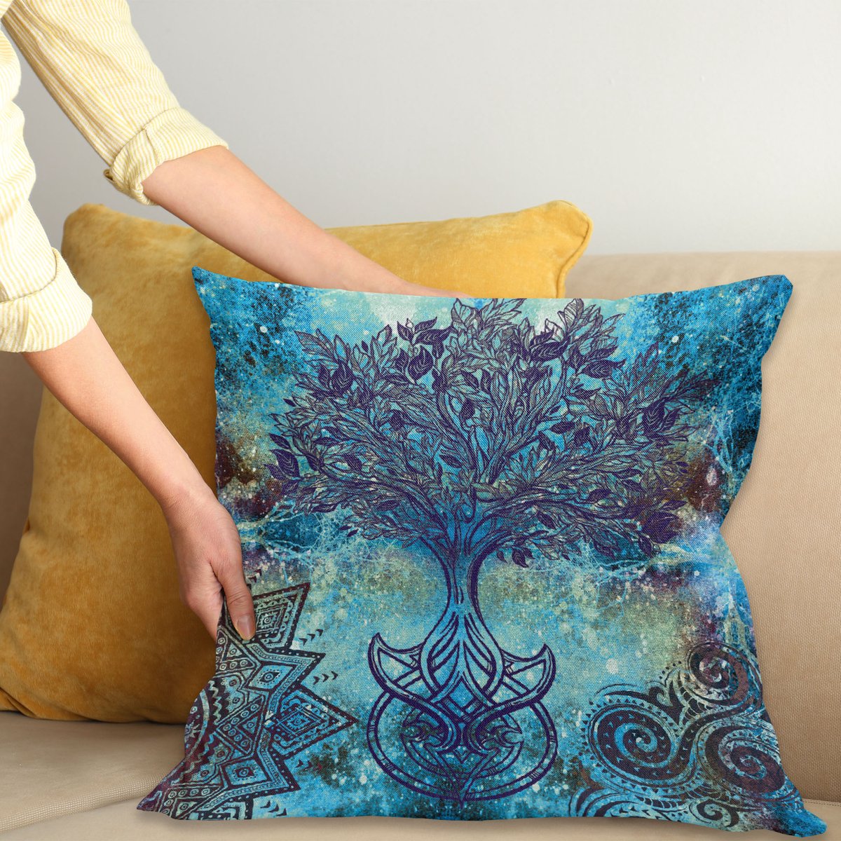 ABAKUHAUS Etnisch Kussenhoes, Mandala-Bomen, Kussenhoes met Dubbelzijdig Patroon, Heldere Digitale Print, Kleurecht, met Ritssluiting, 45 x 45 cm, Turquoise Bruin