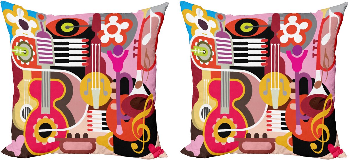 ABAKUHAUS Kleurrijk Sierkussenhoes Set van 2, Musikinstrumente, Modern Accent Dubbelzijdige Digitale Print, 40x40, Meerkleurig