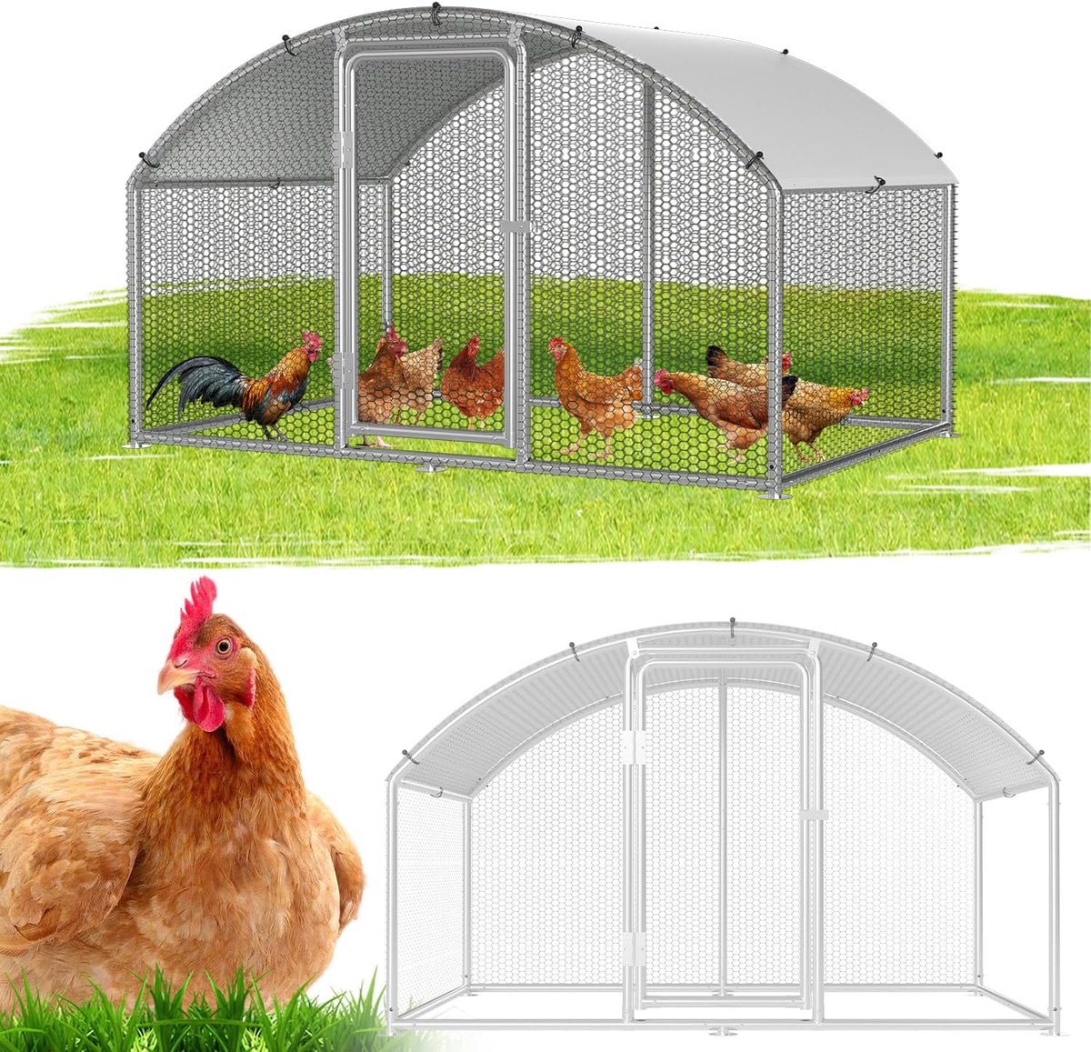 Kippenstal, 3x2x2m Metalen Kooien Kleindierenstal met Veiligheidsslot en Waterdichte Kippenuitloop-Afdekking, Koepeldak Buitenren voor Kippen, Vogelkooi, Planten