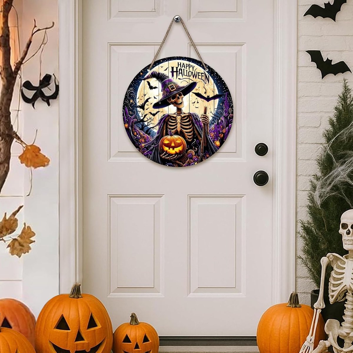 pompoengeest deurborddecoratie, ronde houten ornamenten om op te hangen, geschikt voor raam, muur, deur, decoratie, Halloween, carnaval, feest (B)