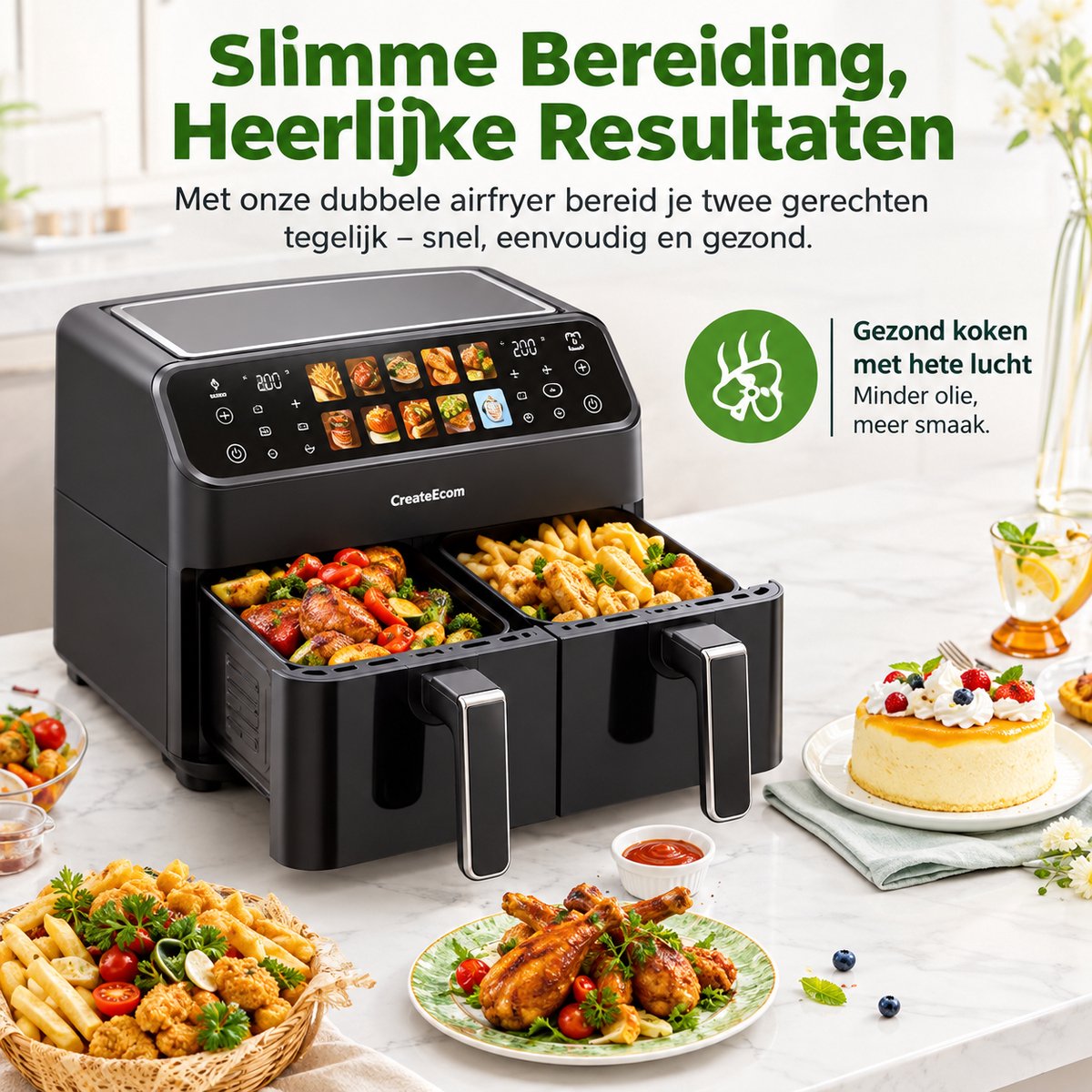 CreateEcom airfryer - heteluchtoven - airfryer oven - heteluchtfriteuse - 9L - Dubbele Korf Oven - Olievrije Friteuse met LED Touchbediening - Zichtbaar Venster
