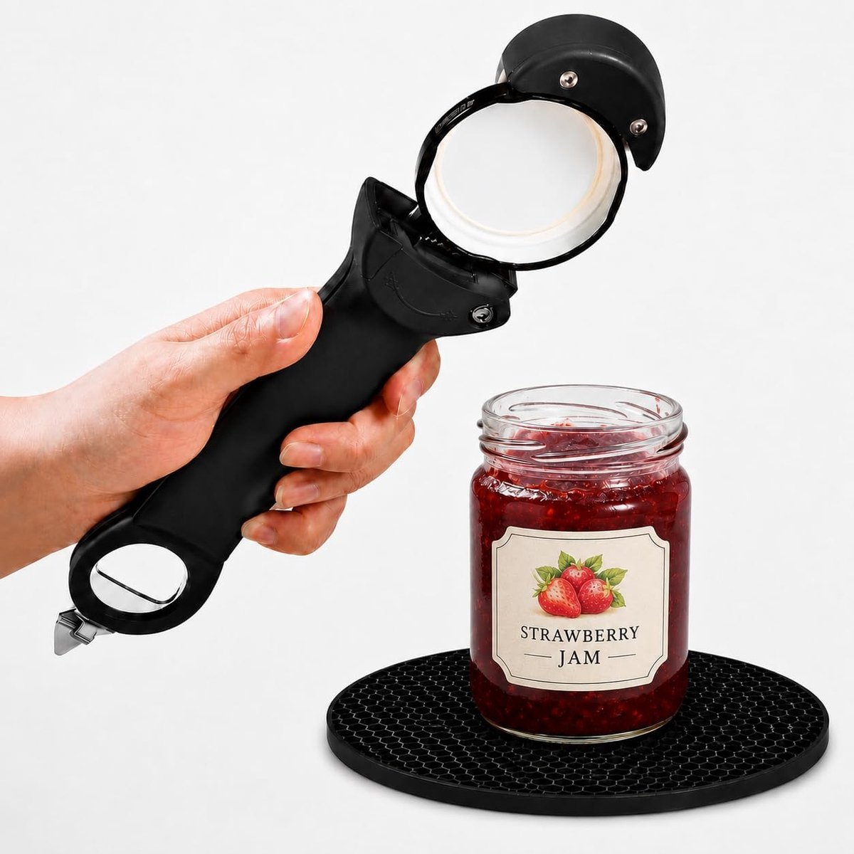 Blikopener en dekselopener set met antislipmat, zwart