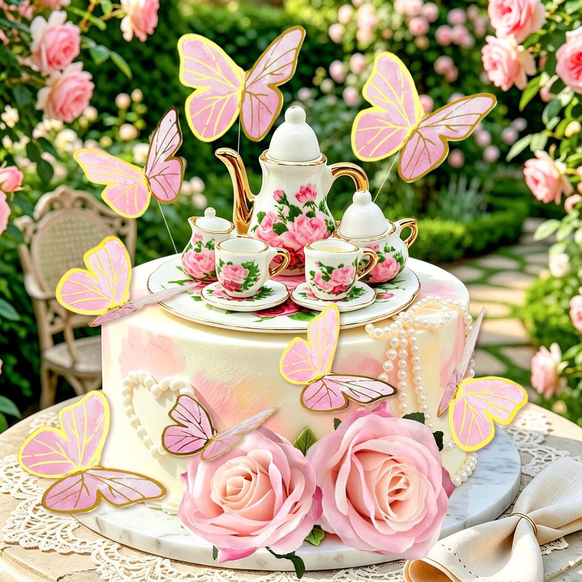 Thee feest taartfiguren bloemen verjaardag versiering partijbenodigdheden