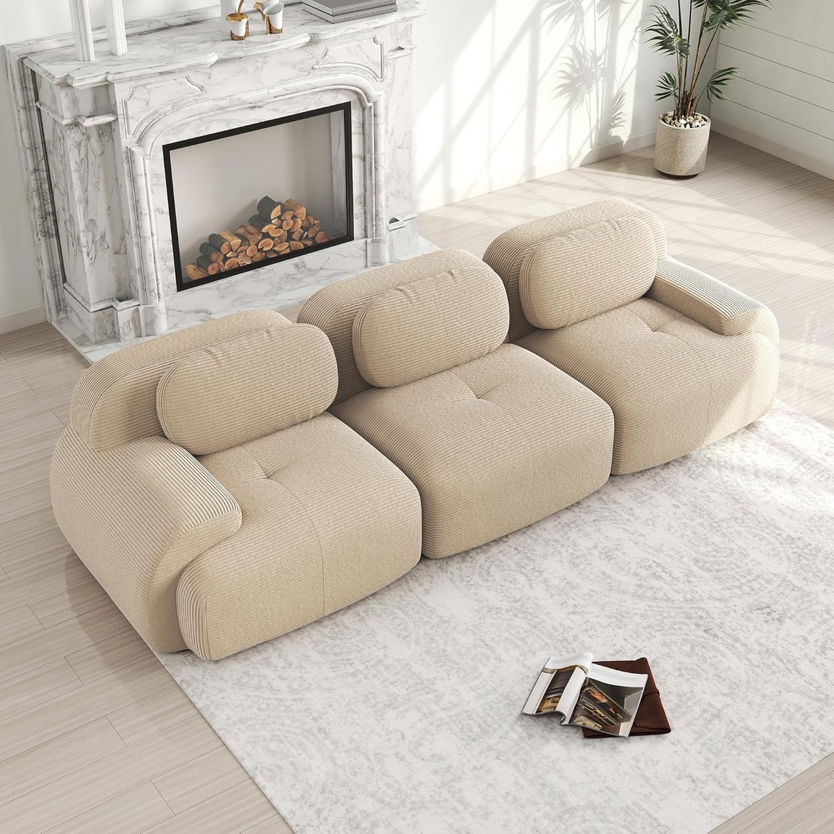 Modulaire 3-zits sofa met 32D-schuim met hoge dichtheid - Cloud Bank zonder montage corduroy stof, combineerbaar woonlandschap met kruk, moderne woonkamer bank, beige (beige, H-3S)