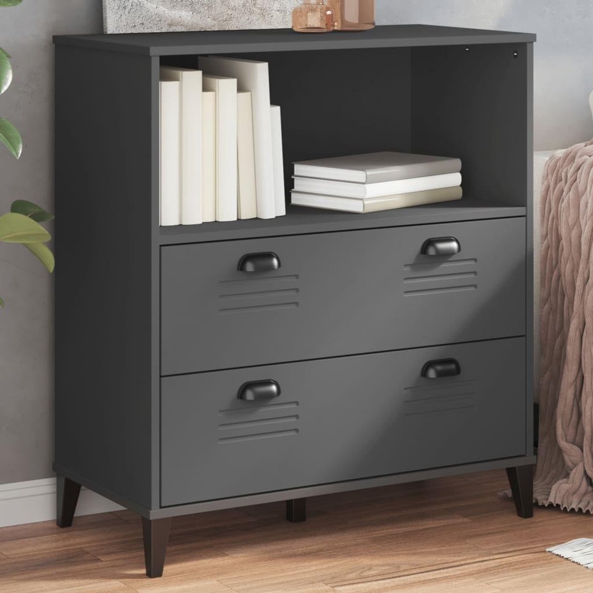 Houten rek met deuren en bovenste plank, opbergmeubel voor boeken, tijdschriften en decoratie, kast met ruime organizer