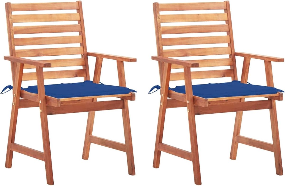 2 stuks tuin-eetstoelen met waterdicht blauw kussen, tuinstoelen, lattendesign, armleuningstoel, rugleuningstoel, tuinmeubelen, balkonstoel, terrasstoel, tuinstoel, massief acacia