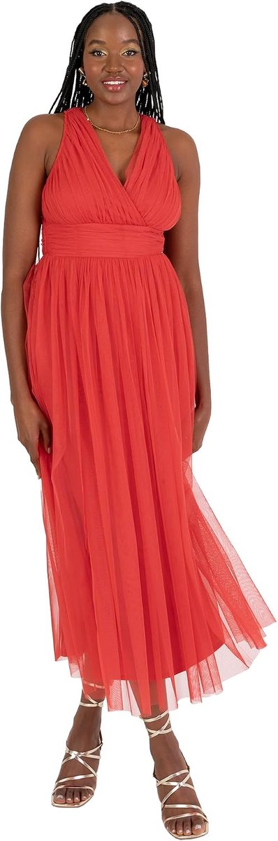 With Love Dames Midaxi Jurk Dames Mouwloos V-hals Wrap Lijfje Sleutelgat Terug Tule A-lijn Bruidsmeisje Bruiloft Gast Prom, Rood 14, Rood, 40