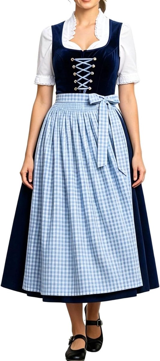 Lange, geruite Oktoberfestschort voor volwassenen, ideaal voor feestjes, rollenspellen, bierfeesten in de keuken.