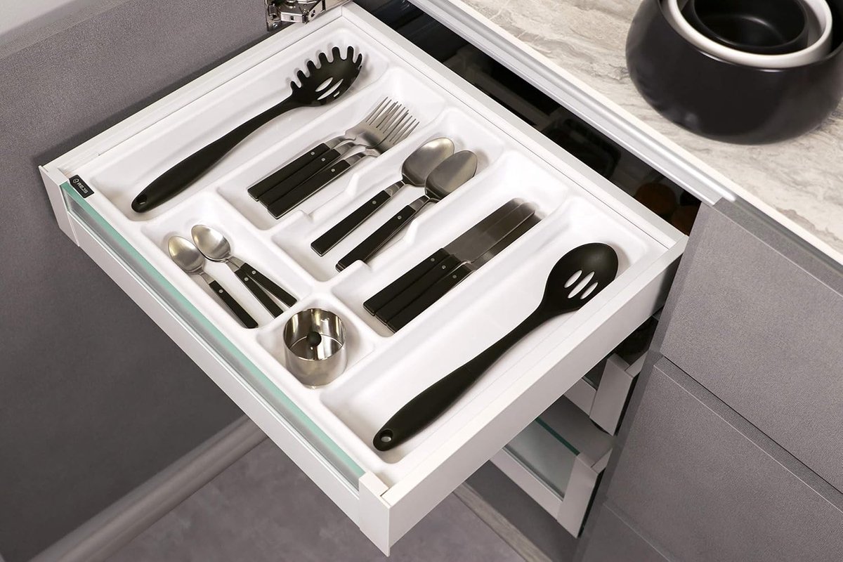 Bestekbak voor laden, 50 cm, lade-organizer met vakverdeling, hoogwaardige lade-organizer voor meer orde, aanpasbaar en gemakkelijk te reinigen, 430 x 430 mm, wit
