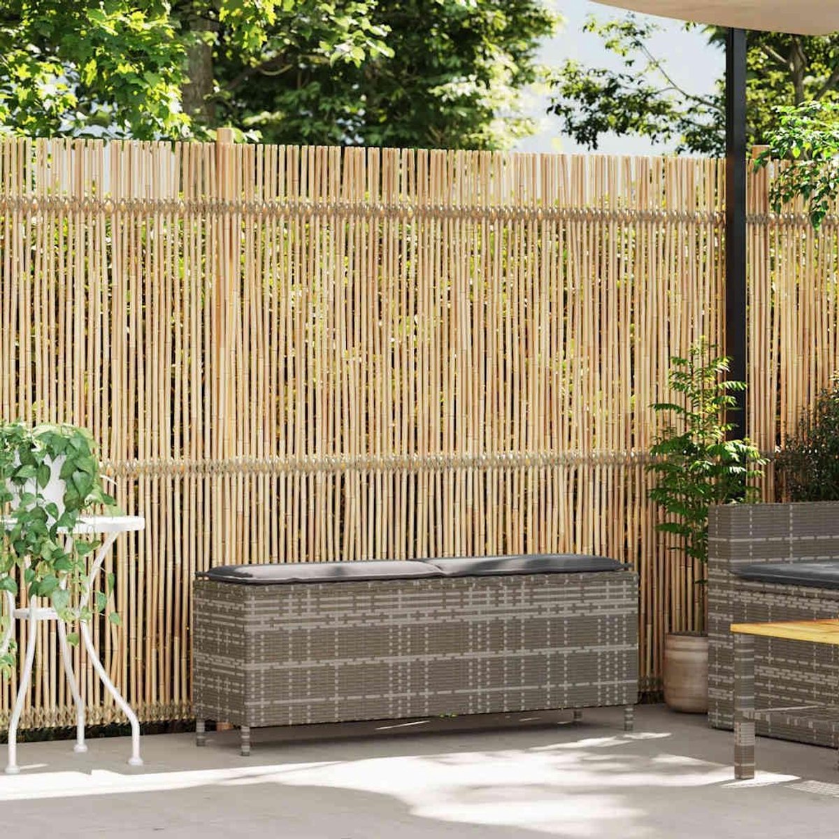 Tuinbank met kussen, grijs, 110 x 30 x 40,5 cm, polyrotan PE-rotan, comfortabele outdoorbank met afneembare overtrek en stabiel stalen frame voor terras en tuin