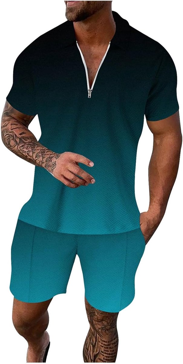 2-delige set voor heren, zomerkleding, T-shirt met kraag en shorts, modieus, origineel, ademend, voor creatieve evenementen en zomer, chic, A45