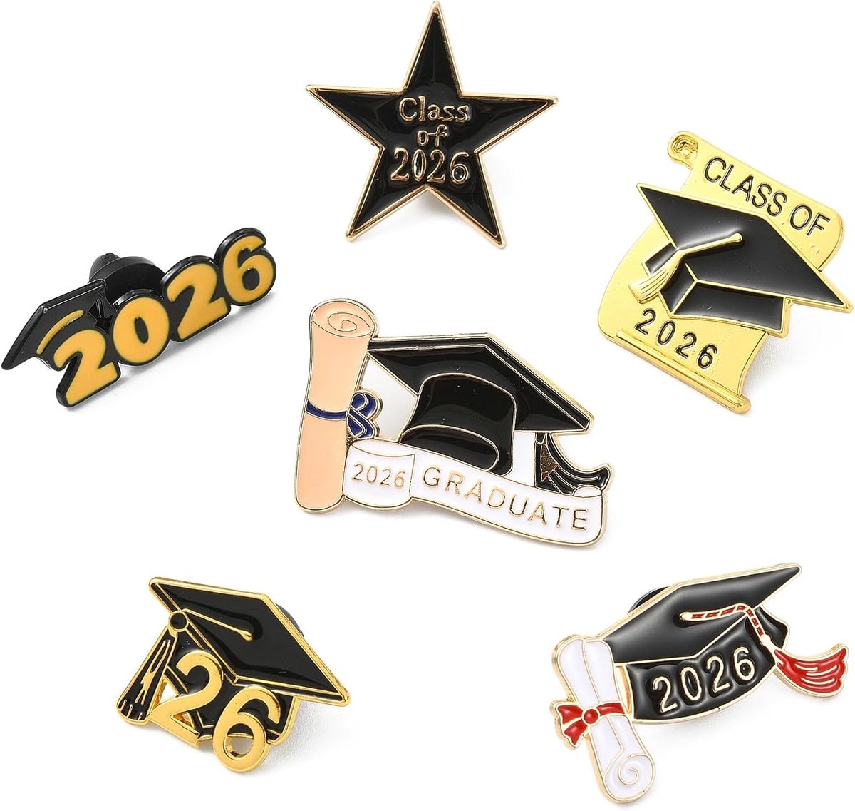 6 stuks afstuderen thema emaille pin badges voor rugzak kleding tas, metalen reversspeldjes, decoratieve broche, sleuvengraver cap, ster vormen