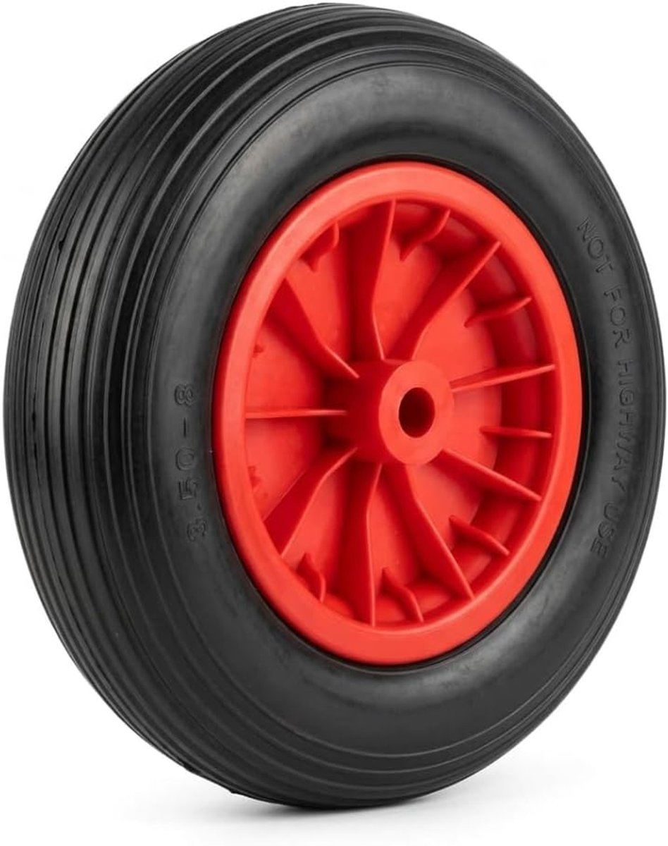 1 kruiwagenwiel 3.50-8, massief rubberen banden met kunststof velg, polyurethaan, lekvrij, belastbaar tot 100 kg, zwart en rood PU