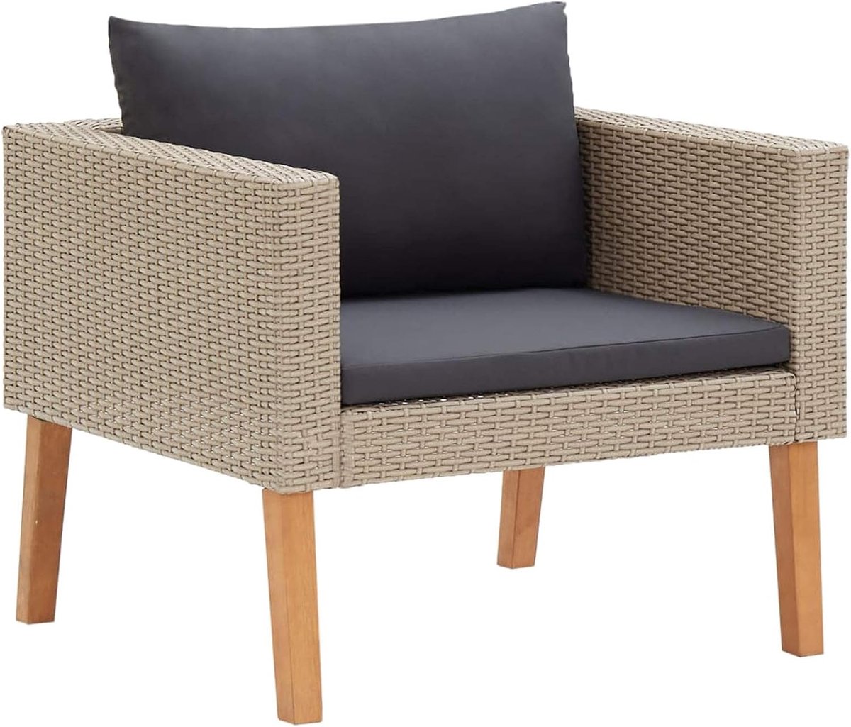 Fauteuil voor enkele tuin, voor buiten, van polyrotan, beige, 76 x 67 x 60 cm, tuinstoel van polyrotan met kussen, outdoorstoel van rotan, stoel van rotan