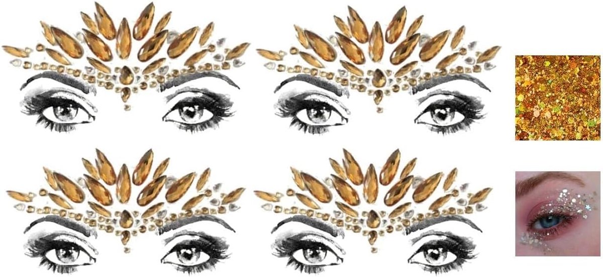 X 4 glittersteentjes voor gezicht, goud, 4 stuks