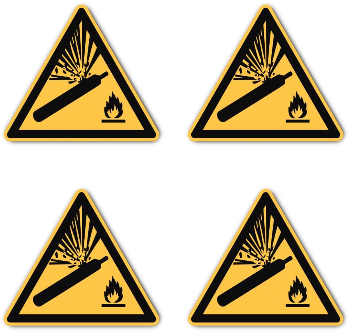 Waarschuwing voor gasflessen: W029 - DIN EN ISO 7010 / ASR A1.3 - stickers: 15 cm, 4 stuks