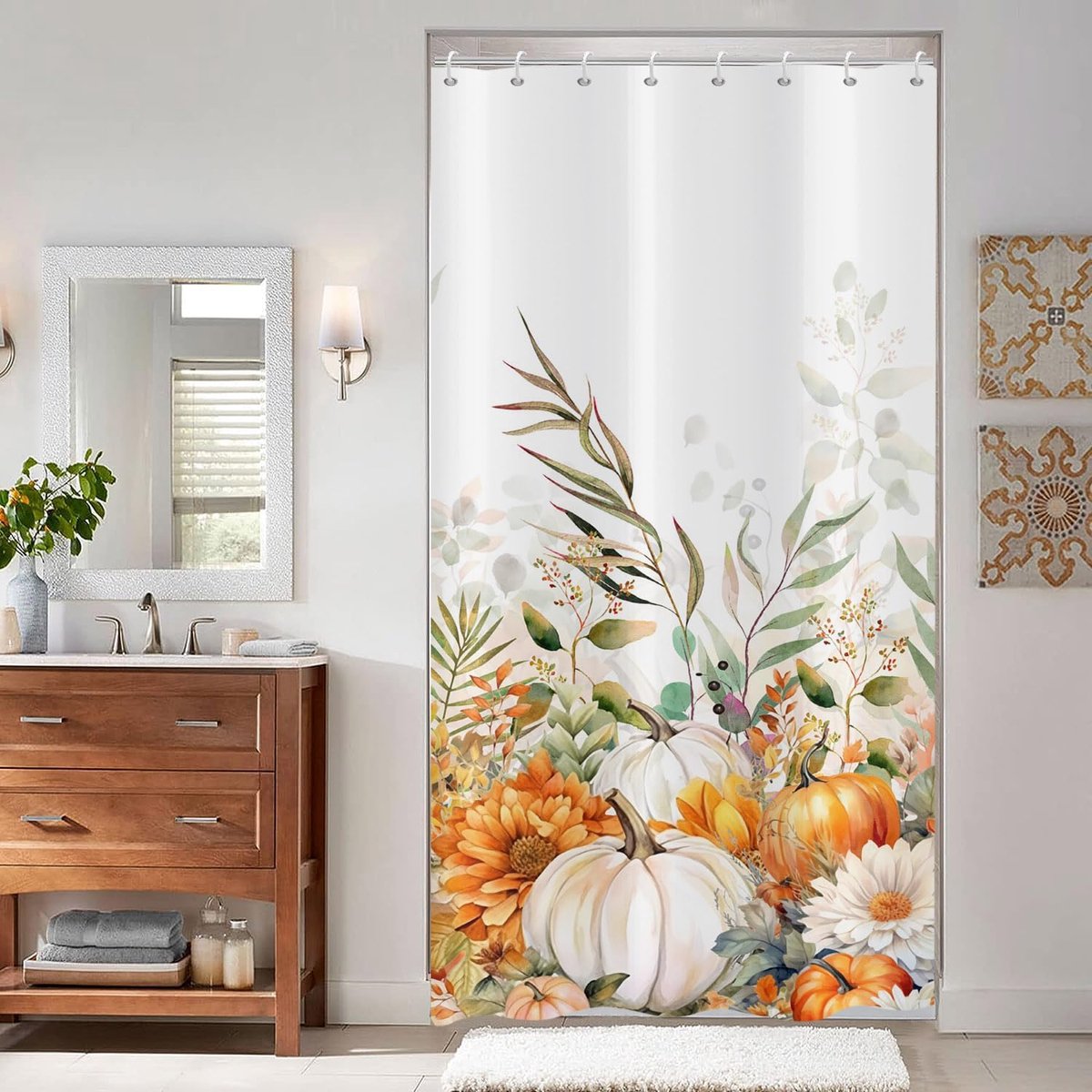 Douchegordijn 120 x 180 cm, herfst oogst oranje pompoen bloem bladeren wit badkamer wasbaar smalle douchegordijnen met oogjes polyester textiel waterdicht douchegordijn voor bad met 8
