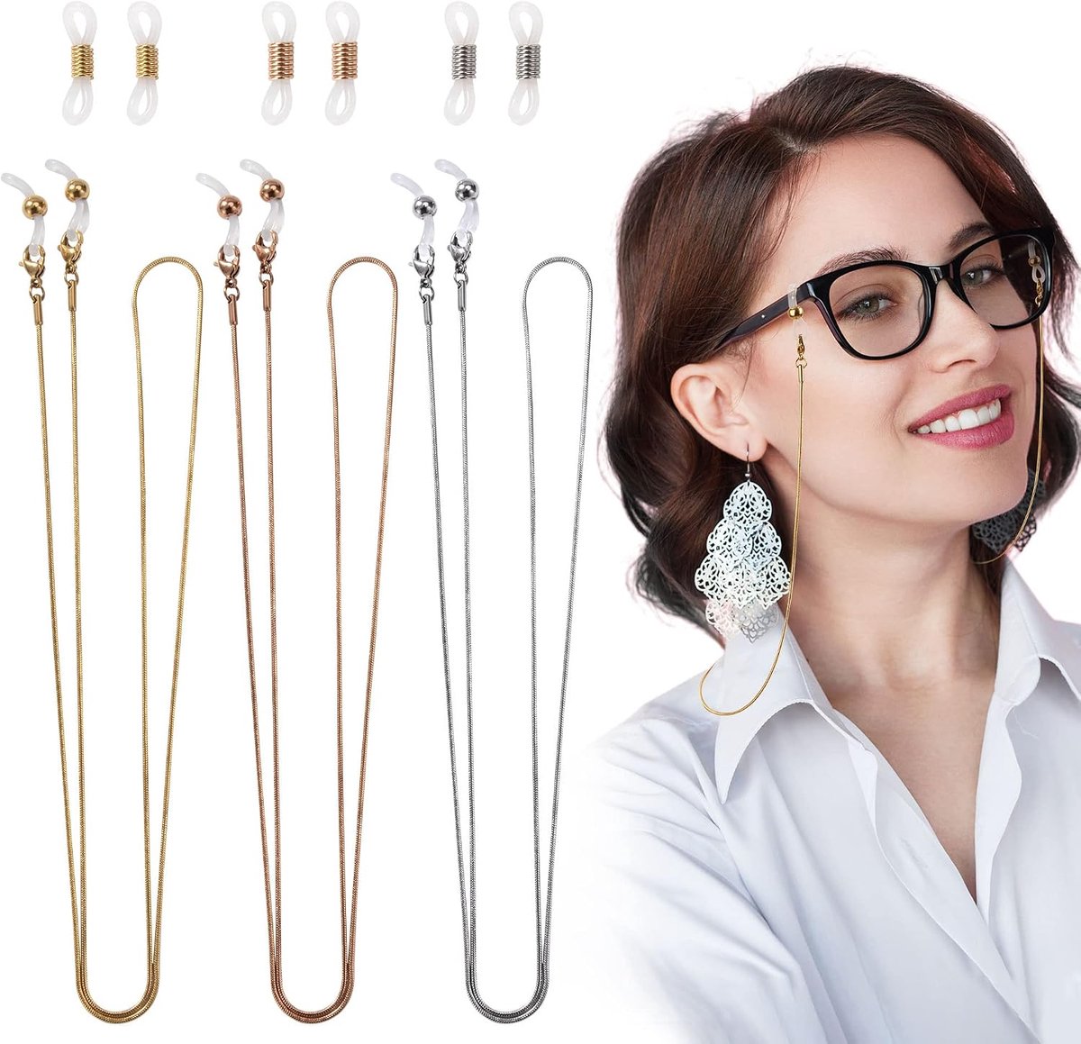 Zonnebrilketting 3 stuks - RVS - 12 eindstukken - Voor mannen en vrouwen